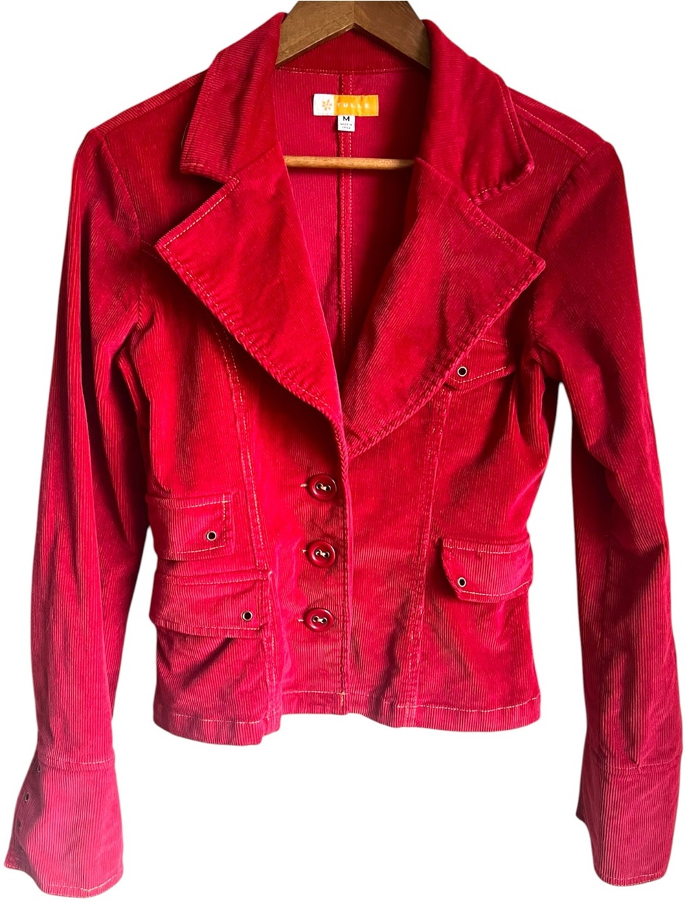Tulle Women’s M Red Stretch Corduroy Blazer Jacket Button Front Retro Y2K
